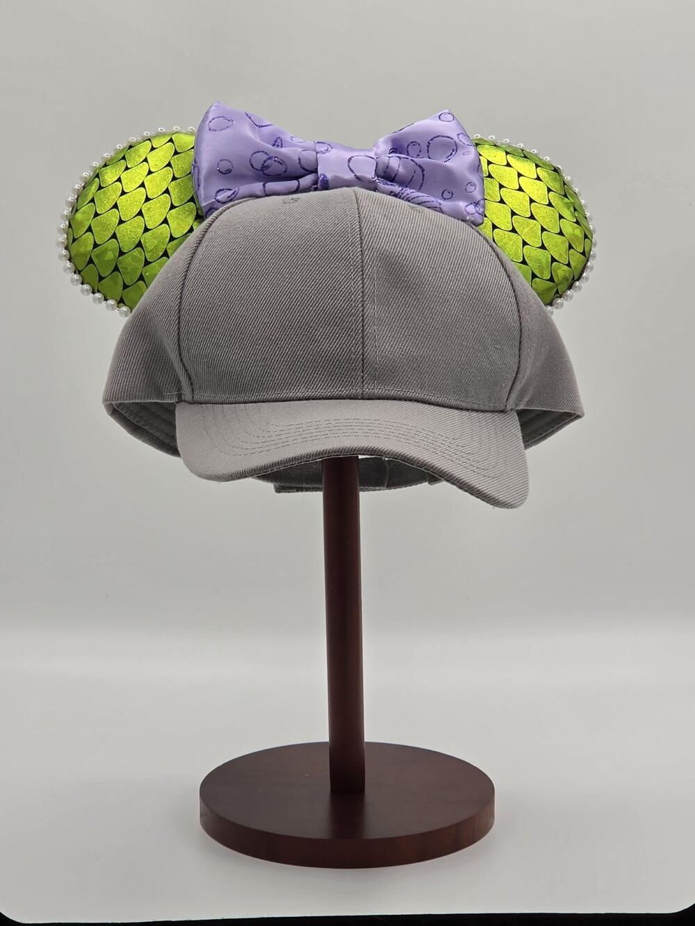 Handmade Mouse Ears Hat Gray Baseball Cap Green Mermaid Scales Purple Bow Pearls
